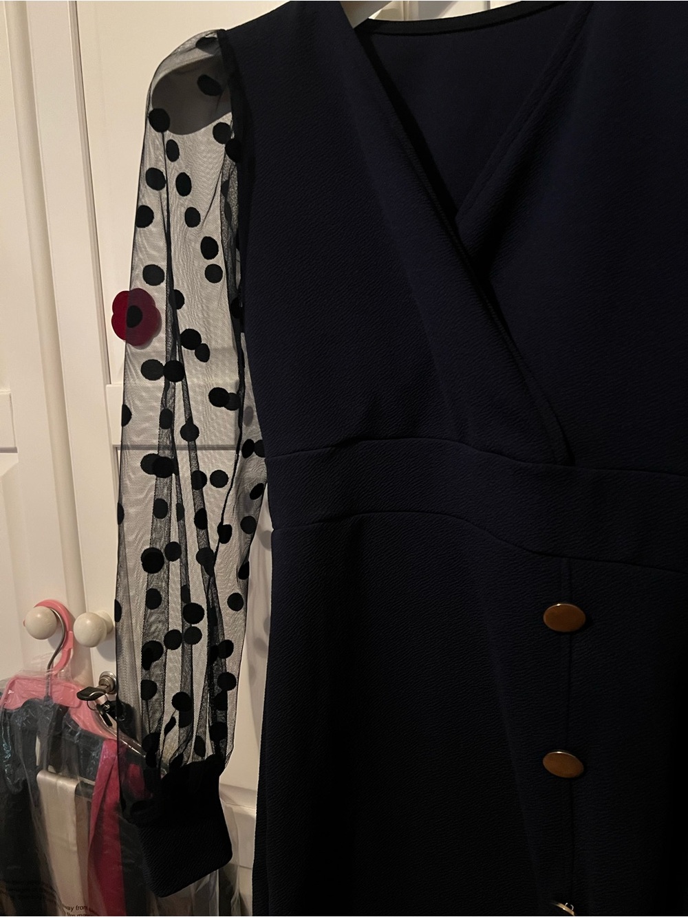 💕NEW Sexy K fashion Sheer Polka Dot Sleeve Navy Asymmetric  bodycorn Dress